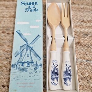 Vintage Ceramic Handle Spoon and Fork Set with Windmill Design